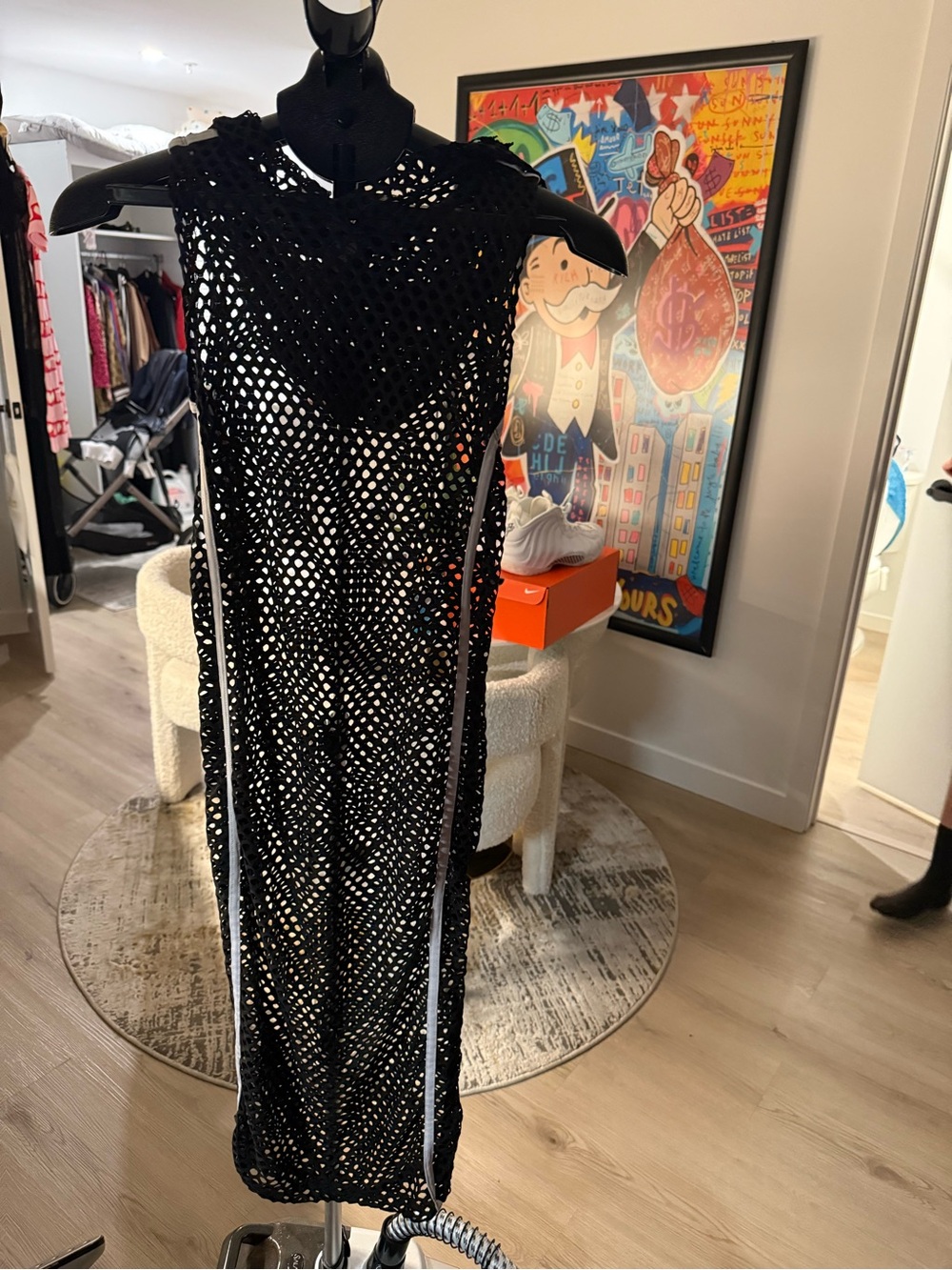 love, Fire Black Crochet Midi Dress with White Side Trim